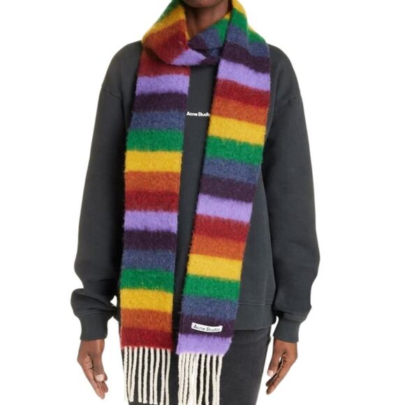 NWOT ACNE STUDIOS Rainbow Stripe Alpaca Blend Fringe Scarf - Picture 1 of 6